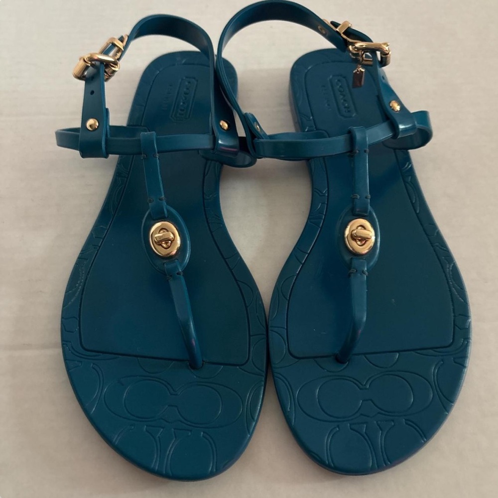 Coach Teal T-Strap Jelly Sandals with Gold Accents